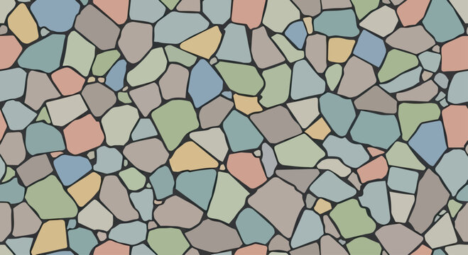 Repeating pattern of irregular, colorful stones with dark grout