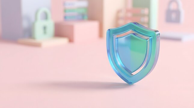 A translucent blue and green shield symbol on a pastel pink surface representing security and protection concepts