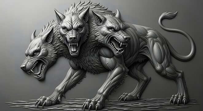 Monochromatic Illustration of Cerberus, the Three-Headed Hound of Hades, in a Dynamic Stance.