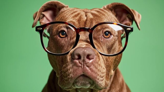 Intelligent Brown Dog Wearing Stylish Eyeglasses, Gazing Directly With An Inquisitive Look Against A Vibrant Green Backdrop