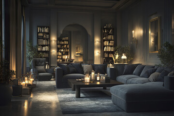 Fototapeta premium Cozy living room with dark blue sectional sofa and warm candlelight, elegant interior with bookshelves and soft lighting creating relaxing atmosphere