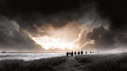 Obraz premium Military personnel silhouetted, walking on a beach at sunrise, reflecting on sacrifice and enduring peace, commemorating D Day anniversary with hope and remembrance. D Day Anniversary