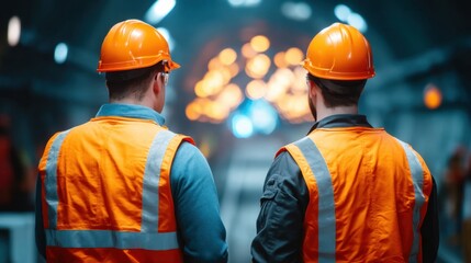 Fototapeta premium Two Construction Workers in Orange Safety Gear Overseeing Worksite in Industrial Environment with Blurred Background Lights