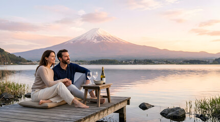 Fototapeta premium Couple enjoys picnic with wine overlooking Mount Fuji at sunset