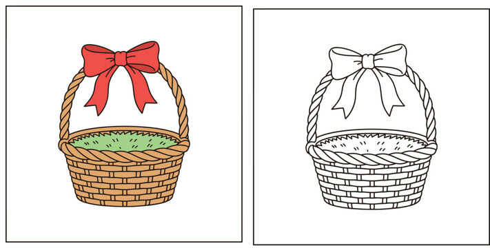 Cute Cartoon Woven Picnic Basket with Red Bow and Green Grass Liner - Empty Easter Spring Hamper