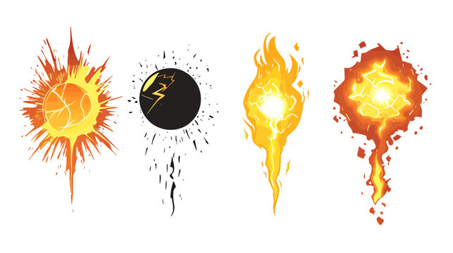 Four cartoon-style depictions of fire or energy blasts, in a yellow and orange color scheme