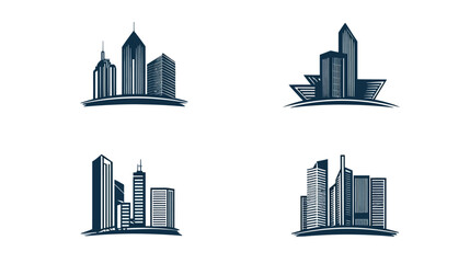 Fototapeta premium Four architectural illustrations depicting stylized city skylines and tall buildings on a white background