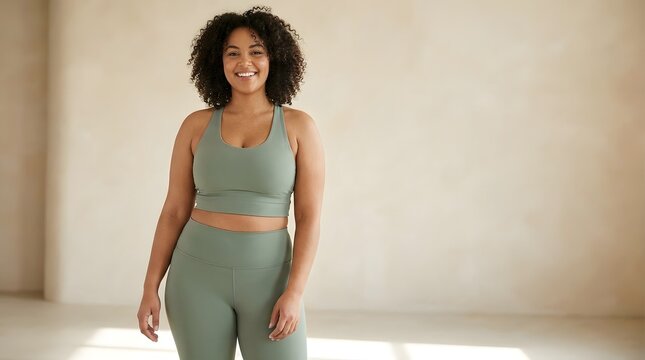 A smiling woman with curly hair poses confidently in stylish sage green activewear in a studio setting