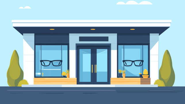 Modern flat vector illustration of an optics shop front with eyeglasses displayed