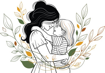Fototapeta premium Mother, child, illustration, line art, floral, vector