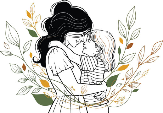 Mother, child, illustration, line art, floral, vector