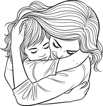 Mother, child, hug, love, family, vector, illustration, black and white, line art, emotional, heartwarming, tender, affectionate