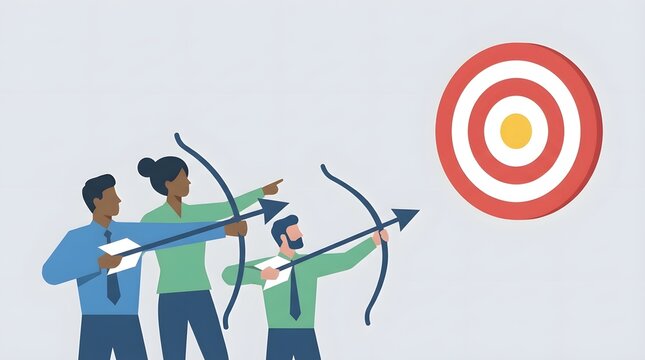 Diverse business team aiming bows and arrows at a target symbolizing focus and shared goals