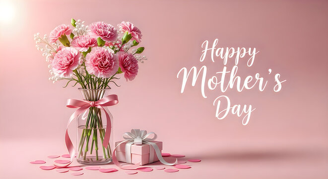 Happy Mother's Day greeting with pink flowers and gift