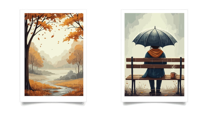 Autumn scenery, rainy day, landscape illustrations, vector art