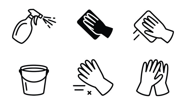 Cleaning Essentials: A simple and clean illustration depicts essential cleaning tools, including a spray bottle, microfiber cloths, gloves, and a bucket, symbolizing cleanliness.