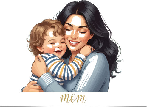 Mother, woman, hugging, child, mom, love, family, illustration, vector