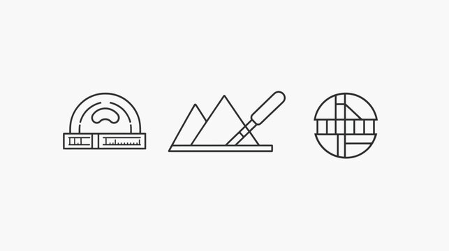 Three minimalist line art illustrations protractor, mountains & pipette, abstract circular design
