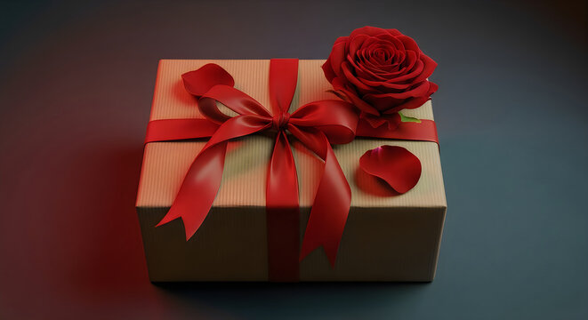 beautiful gift box with red rose and ribbon on dark background