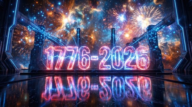 Futuristic Semiquincentennial Celebration 1776 to 2026 Neon Space Station