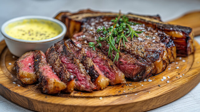 Juicy thick cut ribeye steak sliced on a wooden board with herb garnish and dipping sauce