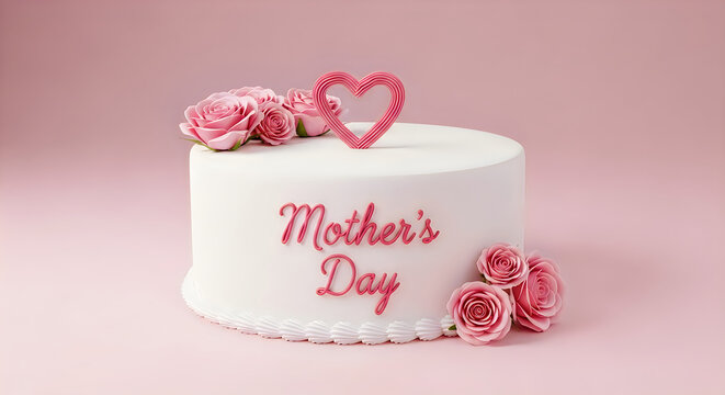 Mother's Day cake with pink roses and heart decoration on pastel background