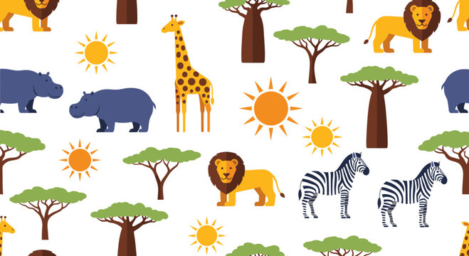 Seamless Safari Animal Pattern Vector Illustration Featuring Lions Giraffes Hippos Zebras and Acacia Trees for Children Textile Design and Wallpaper Backgrounds