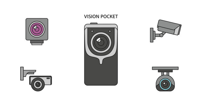 Security Camera Icons Set Vector Illustration Featuring Vision Pocket Device and Surveillance Equipment for Modern Digital Monitoring Systems and Safety Technology Concepts