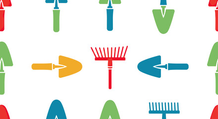 Colorful garden tools with trowels, rakes, and shovels repeating in a pattern © jons