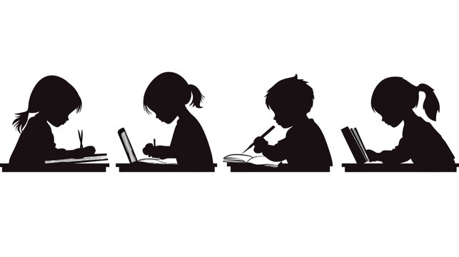 Silhouette images of children, studying and working on books and a laptop