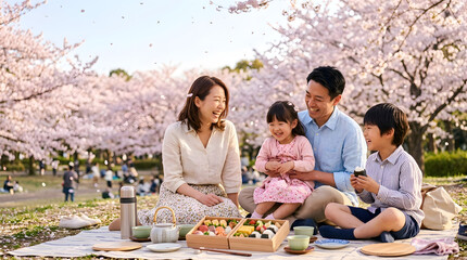 Fototapeta premium Happy family picnic under blooming cherry blossoms in park during spring