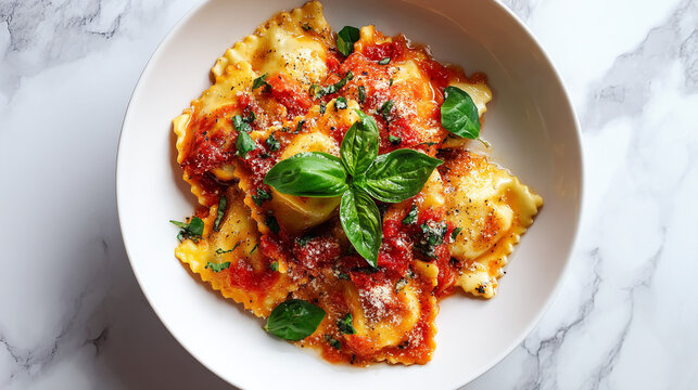 Delicious ravioli pasta with tomato sauce and fresh basil garnish on a white plate, comfort food