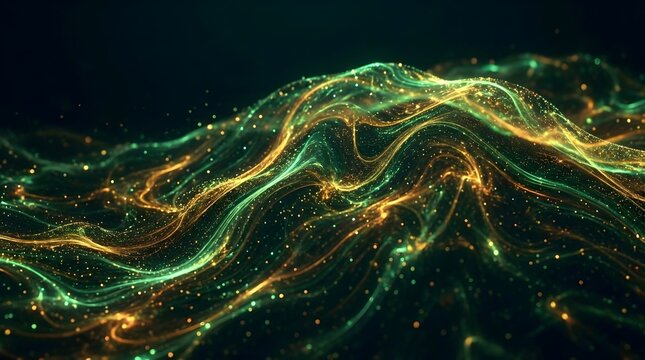 Abstract flowing waves of green and golden light particles create a dynamic luminous landscape against a dark background