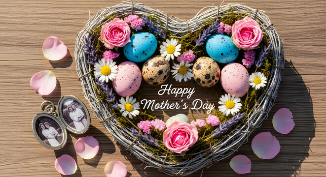 heart shaped basket with eggs and flowers for mothers day