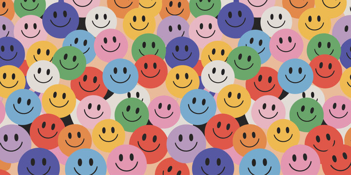 A vibrant seamless pattern features many colorful happy smiling faces creating a cheerful backdrop