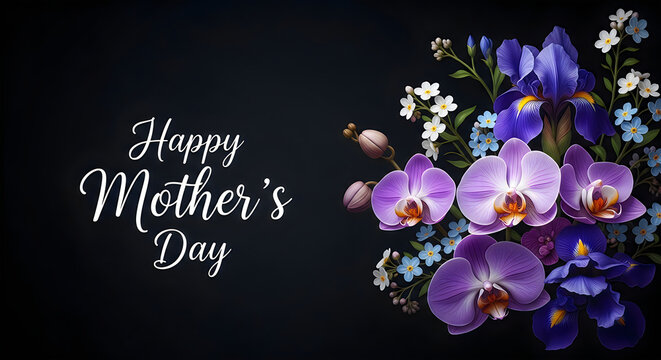 Happy Mother's Day greeting card with purple orchids and flowers