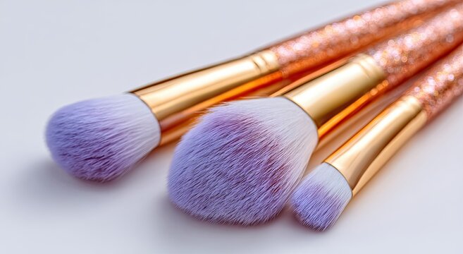 Three sparkling rose gold handled makeup brushes with fluffy purple tips