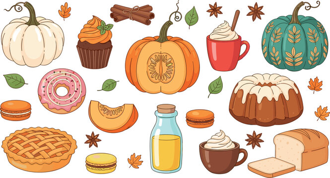 Autumn seasonal food and pastry collection with pumpkins pumpkin pie cupcakes coffee mugs cinnamon sticks and fall desserts vector illustration.