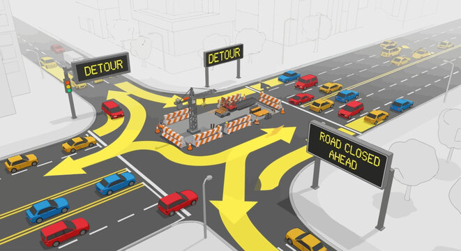 Road construction and traffic diversion with signs indicating detour and road closure, illustrating urban traffic management and infrastructure work