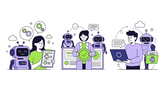 Character using virtual ai agent algorithms to structure data, improve accuracy, productivity. Automated document processing concept set. Vector illustration
