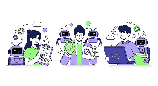 Character using virtual ai agent algorithms to structure data, improve accuracy, productivity. Automated document processing concept set. Vector illustration