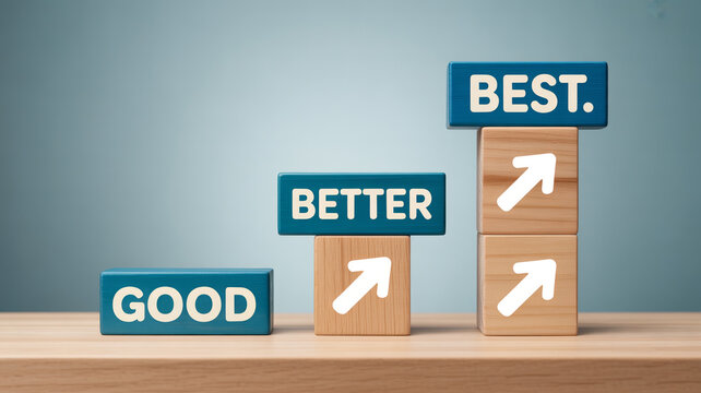 Wooden blocks arranged in a staircase illustrate good better and best stages of improvement on a table