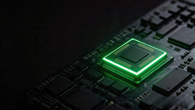 Glowing green microprocessor chip