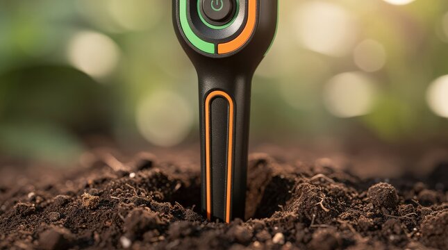 Close-up of a soil moisture sensor probe inserted into dark, rich soil with a blurred green background and sunlight bokeh.