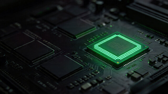 Glowing green microprocessor chip