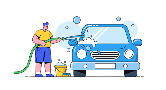 Man washing blue car with hose.