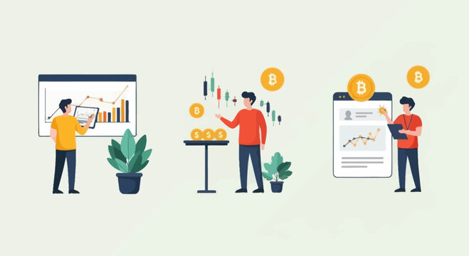Cryptocurrency trading and investment analysis with charts and Bitcoin symbols