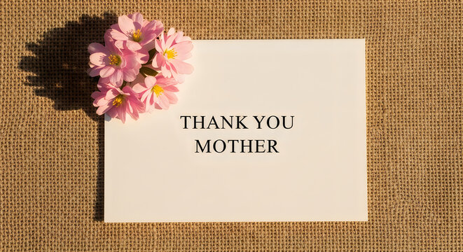 Gratitude card with pink flowers on burlap background