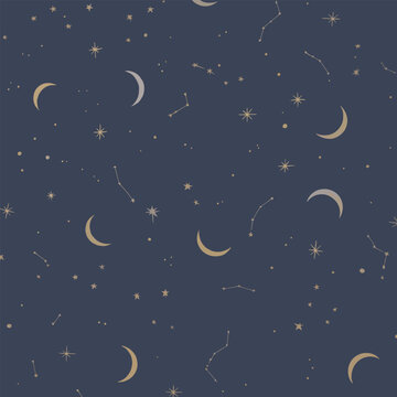 Celestial seamless pattern whimsical and dreamy dark blue and golden repeating digital paper for nursery decor or textile design.