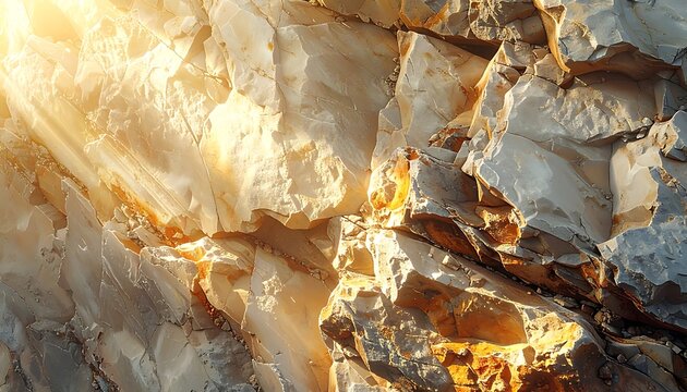 Golden hour sunlight shining on rugged rock formation with warm beige and orange hues natural geological texture and pattern